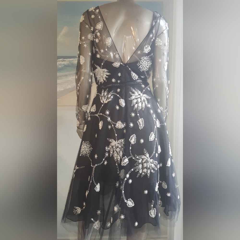 $7,900 OSCAR DE LA RENTA EXCL FLORAL EMBROID BLACK TULLE SILK MIDI DRESS 6 M - Picture 9 of 16